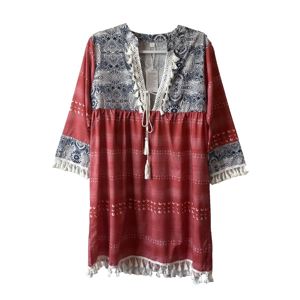 NWOT Boho Tunic Dress Women's L Tassel Fringe Resortwear Festival Beach Coastal